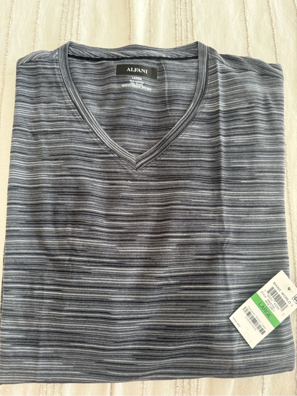 Alfani Men's Blue and Gray Striped V-Neck T-Shirt